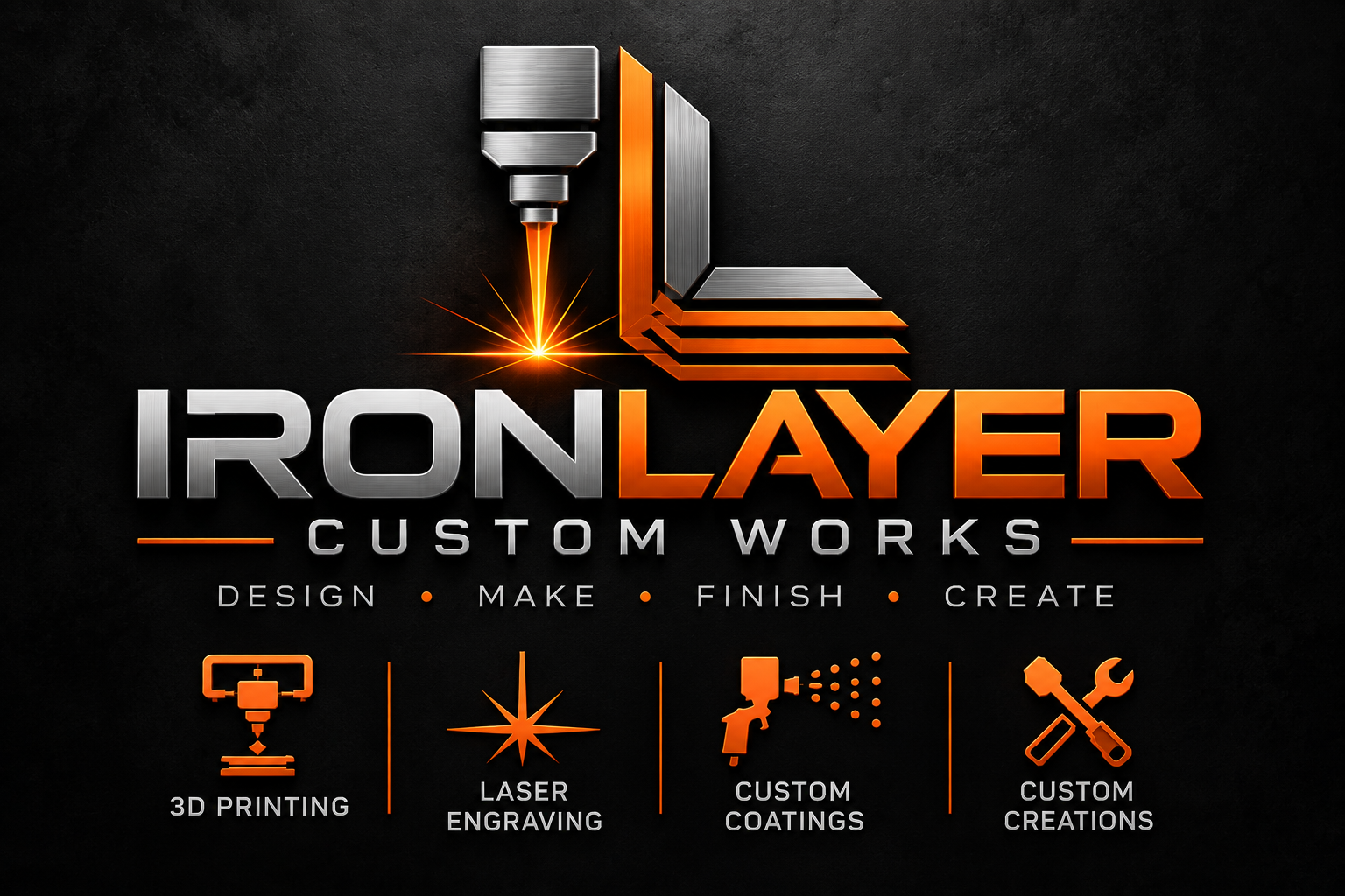 IronLayer Custom Works: Design, Make, Finish, Create. Black, silver and orange logo with fabrication and finishing symbols.